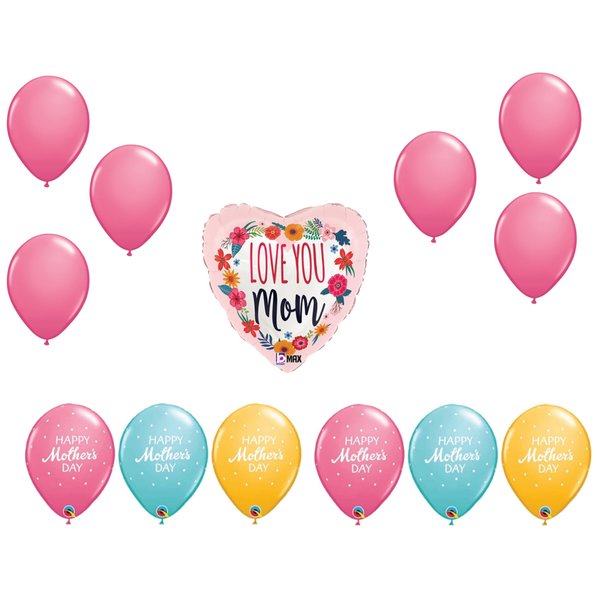 Loonballoon Mother's Day Theme Balloon Set, Standard Size Heart Shape Love You Mom Satin Blossoms Balloon LB-87707